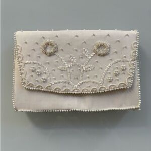 Vintage Ivory Beaded Clutch Floral Pearl Embellished Evening Bag 9”x6”